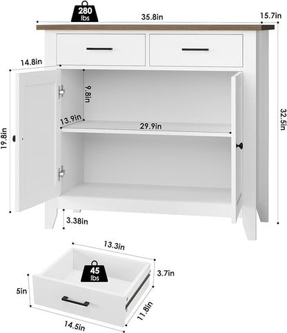 HORSTORS Kitchen Storage Cabinet, Modern Farmhouse Buffet Cabinet with Storage, Coffee Bar with 2 Drawers and 2 Doors, Floor Sideboard Buffet for Living Room, Dining Room, Bathroom, Ivory White