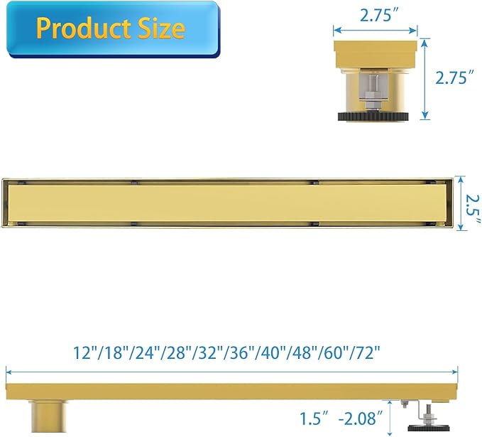 Linear Shower Drain, 24 inch Gold Drain with Tile Insert 2-in-1 Panel, Brushed 304 Stainless Steel Gold Shower Floor Drain, Linear Drain with Hair Strainer and Adjustable Feet