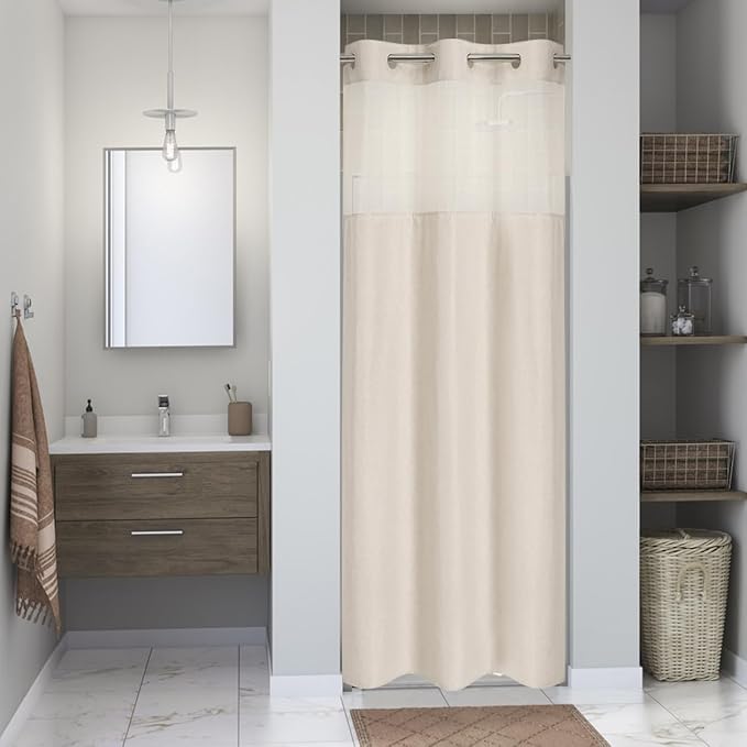 Stall No Hooks Needed Linen Textured Shower Curtain with Snap-in Fabric Liner Set,Hotel Luxury Decor Shower Curtains for Bathroom with Mesh Top Window,Waterproof & Washable,36Wx74H,Cream