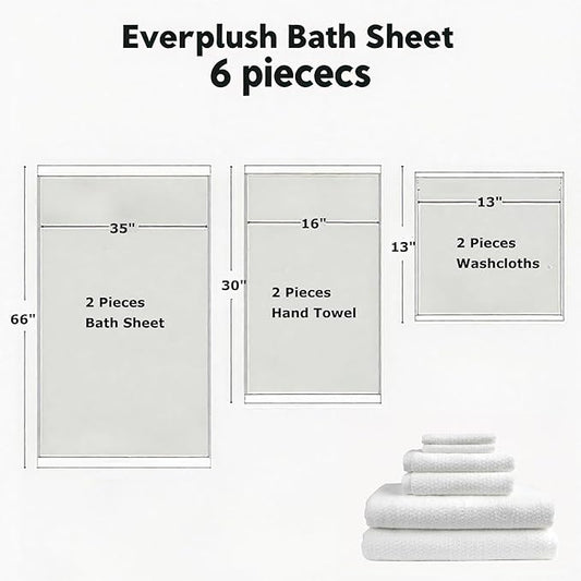 Everplush Diamond Collection 6-Piece Bath Sheet Towel Set, Soft Plush Jacquard Luxury Bath Towels,Highly Absorbent & Fast-Drying Luxury Towels Sets for Bathroom,Shower, or Spa (White, Bath Sheet 6PK)