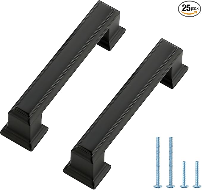 Ravinte Hardware 25 Pack Matte Black Cabinet Pulls, 3 Inch (76mm) Hole Center Zinc Alloy Drawer Handles for Kitchen Cabinets, Cupboards, Dressers, Square Solid Metal Hardware