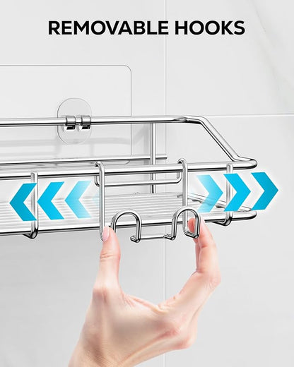 Nieifi Shower Caddy Shelf with Hooks Storage Rack Organizer Adhesive Stainless Steel without Drilling for Bathroom, Lavatory, Washroom, Restroom, Shower, Toilet, Kitchen (Sliver, 4 Pack)