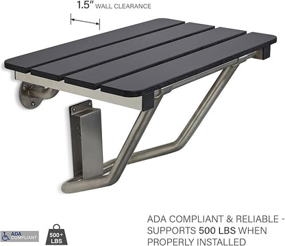 24-inch x 15-inch ADA Folding Wall Mount Bathroom Shower Seat Bench, Black Slatted Phenolic Seat