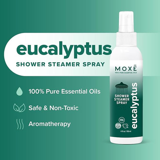MOXĒ Eucalyptus Oil Shower Mist, Spa Steam Spray, Certified Natural 100% Essential Oils, Made in USA, Aromatherapy, Sinus Congestion Relief, Tension Relief, 4 Ounces