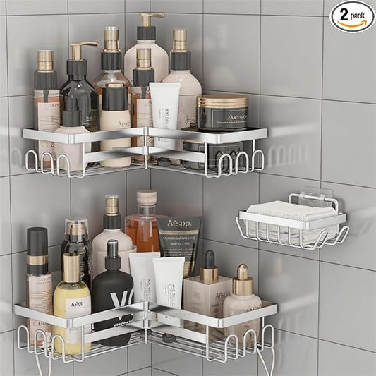 3 Pack Adhesive Corner Shower Caddy Shelf Organizer Rack, No Drilling Stainless Steel Shower Storage Rack with Hooks for Bathroom Storage & Home Decor