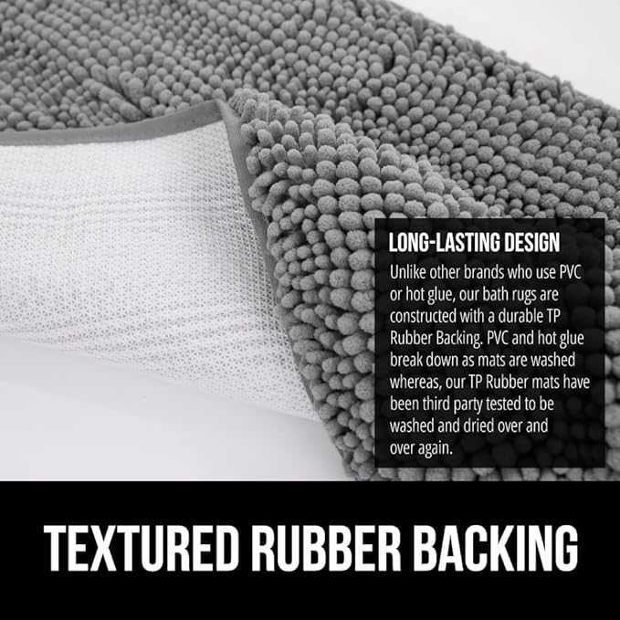 GORILLA GRIP Bathroom Rug Sets 3 Piece, Bath Mat Set and Oval Toilet Base with Rubber Backing, Plush Absorbent Shaggy Chenille Washable Mats, Includes 24x19.5, 24x17 and 36x24 Inch Rugs, Grey