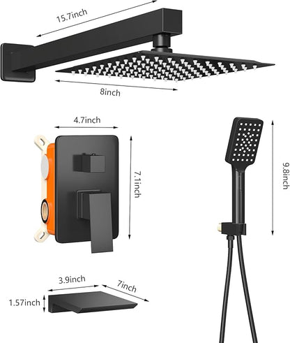 Shower Faucet Set Complete Matte Black Shower System with 8 inch Square Rainfall Shower Head 3-Function Handheld Shower Waterfall Bathtub Spout Rain Shower Combo Set Bathroom Wall Mounted