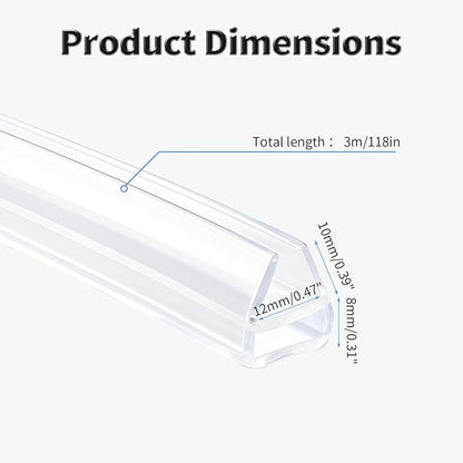 Shower Door Side Seal Strip,118 Inch U-Type Frameless Shower Door Seal, U-Type Shower Door Sweep for 15/32"(12mm) Thick Glass