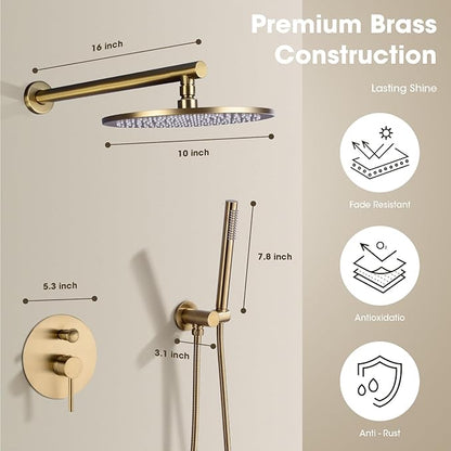 TRUSTMI Brushed Gold Shower System Pressure Balance 10 Inch Rainfall Shower Set with Brass Rough-In Diverter Valve and Trim Kit, Wall Mounted