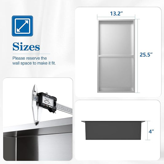 12" x 24" Shower Niche No Tile Needed, 304 Stainless Steel Shower Wall Niche, Recessed Shower Shelf for Shower or Bathroom Storage, Brushed
