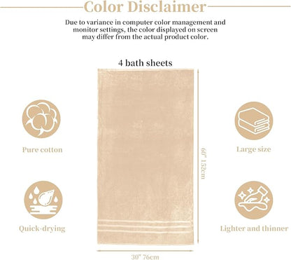 Cotton Bath Towel – Large 30x60 Inches, Soft, Thick & Absorbent Towel for Bathroom, Spa, or Home Use (Beige, 4 Pack – 30"x60")