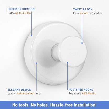 Suction Cup Hooks for Shower, 4 Pcs Stainless Steel Wall Shower Hooks for Bathroom Kitchen, Glass, Mirror,White