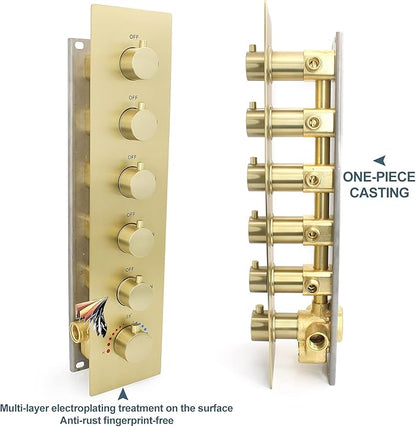 HOMEDEC Multi Function Shower Diverter Valve with Trim, 5 Port Concealed Brass Thermostatic Mixer Shower Control Valve Kit Replacement(5-Way, Brushed Gold)