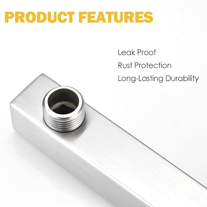 BESy 20 Inches Straight Extended Shower Arm With Flange, Rain Shower Head Extension Arms, Square Shower Rod Shower Head Extender Arm Shower Pipe Extension, Wall-Mounted Brushed Nickel Stainless Steel