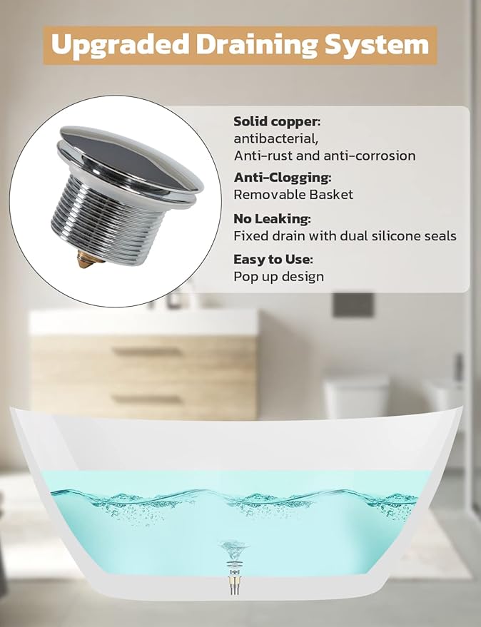 Acrylic Bathtub 59 Inch, Freestanding Deep Soaking Bath Tub with Brushed Overflow and Drain, Contemporary Gloss White Freestanding Bathtub