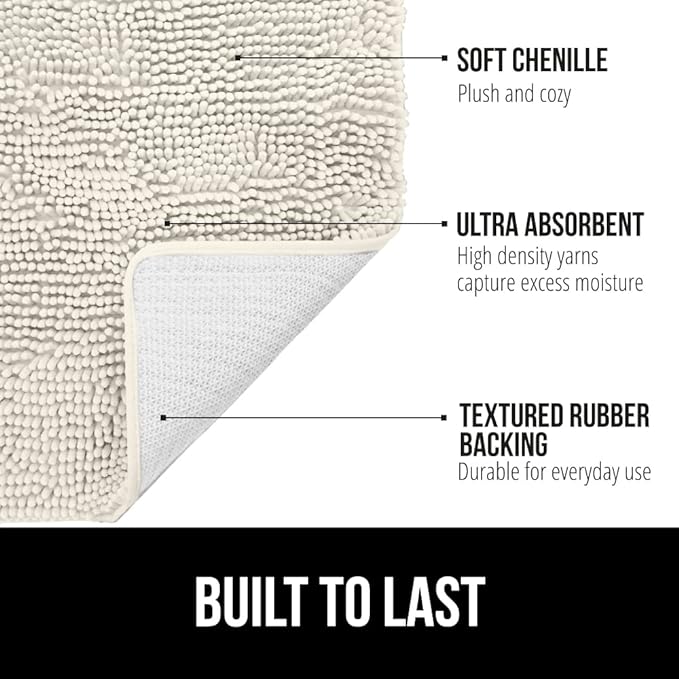 GORILLA GRIP Bath Rug Mat 60x17, Thick Soft Absorbent Chenille, Quick Dry Microfiber Mats, Rubber Backing Washable Shower Floor Rugs, Bathmat Runner, US Designed Bathroom Home Decor Accessories Ivory