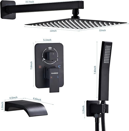 Shower Faucet Set, Black shower system with Square Rainfall Shower head, Handheld Wall Mounted Showerhead and Waterfall Tub Spout, 12 Inch, Metal Shower Faucet Trim Repair Kits