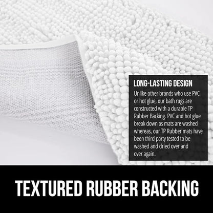 GORILLA GRIP Plush Absorbent Shaggy Chenille Bath Rug Mat for Square Toilet Base with Rubber Backing, Machine Washable Rugs, Soft Microfiber Contour Mats for Toilets, Bathroom Decor, White