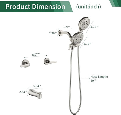 2 Handles Tub Shower Faucet Set Shower System with Tub Spout Bathtub Faucet Set Shower Tub Combo Set Complete Tub and Shower Trim Kit Brushed Nickel