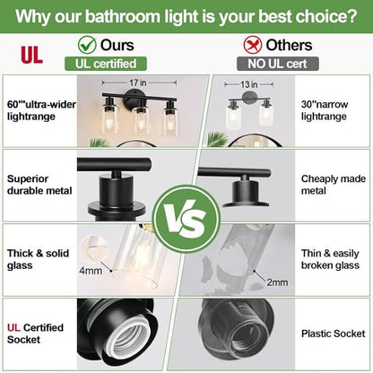 3-Light Bathroom Light Fixtures, 17.23" Black Modern Vanity Lights with Clear Glass Shade, Bathroom Wall Lamp for Mirror Kitchen Living Room Hallway Cabinet Porch