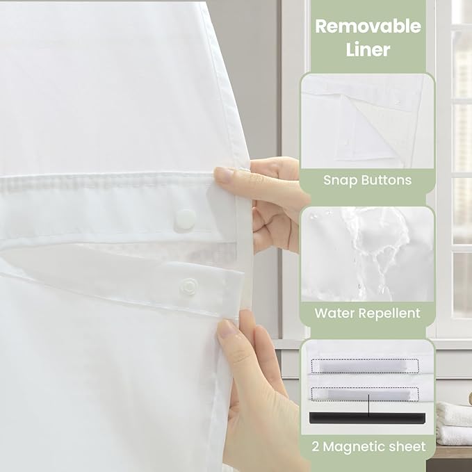 Inhousolu No Hook Shower Curtain with Snap in Fabric Liner Set Waffle Weave 230GSM Weighted Hem, Waterproof & Washable Bathroom Curtain Spa Luxury with Mesh Top Window 72" W x 72" L White