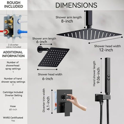 Shower Faucet Set, 12" Rain Shower System with Handheld and Ceiling Mount 6" Rainfall Shower Head, Can Use 2 Modes Together for Two People, 3 Way Shower Valve with 5 Diverter Complete, Matte Black