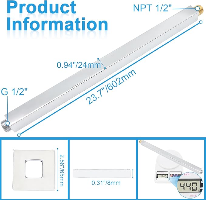 Shower Arm with Flange 24 Inches Ceiling Mount Square Straight Extender Extension Pipe Replacement, Extra Long Shower Arm For Fixed Rain Shower Head or High Ceiling, NPT 1/2 to G1/2, Chrome