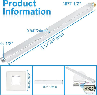 Shower Arm with Flange 24 Inches Ceiling Mount Square Straight Extender Extension Pipe Replacement, Extra Long Shower Arm For Fixed Rain Shower Head or High Ceiling, NPT 1/2 to G1/2, Chrome