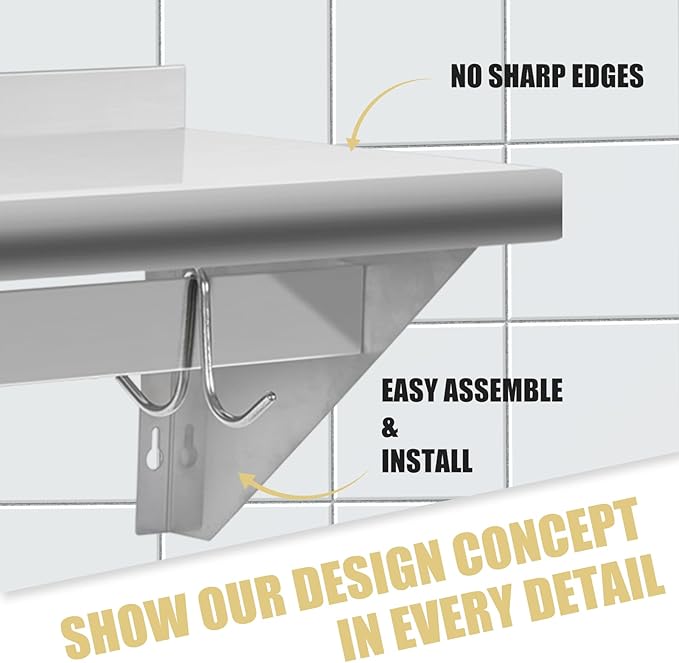 Hally Stainless Steel Shelf with 4 Hooks 12" x 24" Wall Mounted Pot Rack, NSF Commercial Floating Shelving for Storage Hanging Pots, Pans, cookware in Restaurant, Kitchen, Home and Hotel
