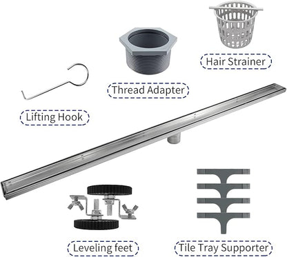 Linear Shower Drain 42", Brushed Floor Drain with Tiled Insert Grate & Hair Strainer, 304 Stainless Steel Bathroom 2-in-1 Tiled in Drain, CUPC Certified (Brushed, 42'')