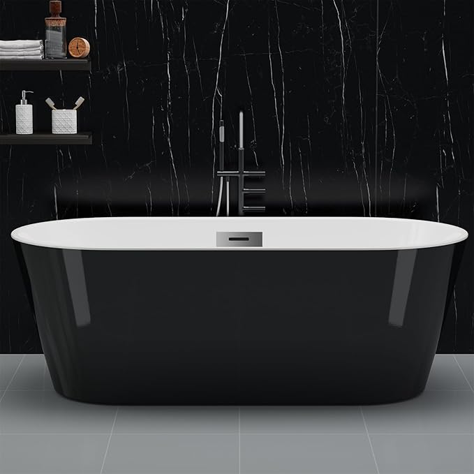 59 Inch Freestanding Acrylic Bathtub, Modern Soaking Tub with Chrome Overflow & Drain, CUPC Certified, Deep Soaking Design for Luxurious Spa Experience, Contemporary Bathroom Centerpiece
