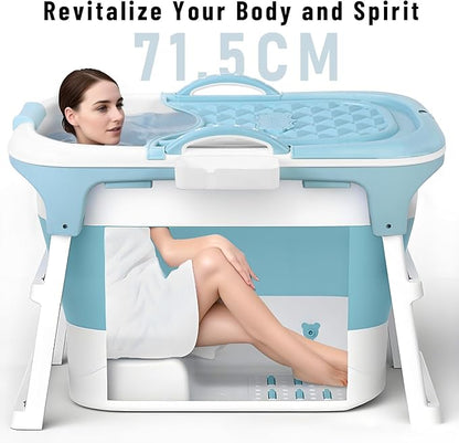 Portable Bathtub, 39 inch Portable Folding Bathtub for Adult, Portable Soaking Bath Tub with Ergonomic Seat & Massage Roller, Freestanding Surround Collapsible Tub for Hot Bath Ice Bath (Blue)