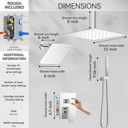Shower Faucet Set Shower Systems, STARBATH 3 Way Shower Faucet with 2 in 1 Handheld, Ceiling Mount 12+6" Dual Rain Shower Head for Two People (6"+12" Shower Head-2 in 1-Handheld, Chrome)