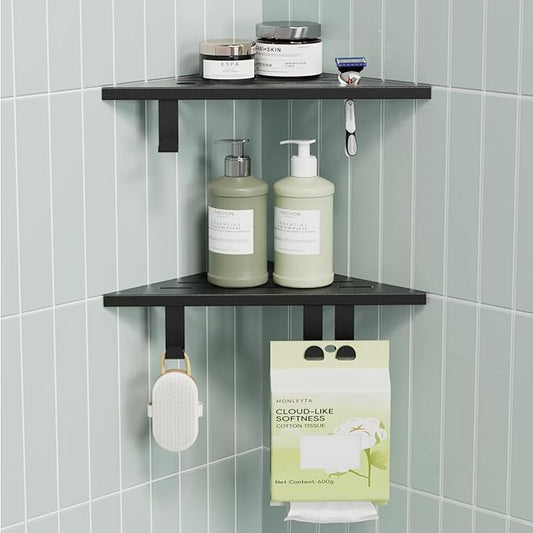10’’ Shower Corner Shelf, Stainless Steel Shower Shelves with Razor Hole for Bathroom, Grout in Corner Shelf with Hooks for Tiled Wall 2 Pack, Matte Black