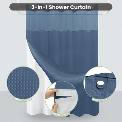 Inhousolu No Hook Shower Curtain with Snap in Fabric Liner Set Waffle Weave 230GSM Weighted Hem, Waterproof & Washable Bathroom Curtain Spa Luxury with Mesh Top Window 72" W x 72" L Moonlight Blue