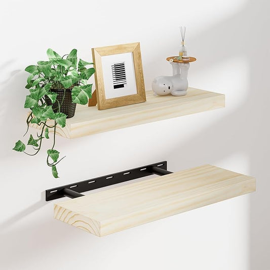 Heimlove Wood Floating Shelves for Wall,2 Packs 16 inches Natural Pine Solid Wood Floating Shelves, 8 inches Deep Wooden Shelves for Kitchen Bedroom Office & Living Room Wall Decor