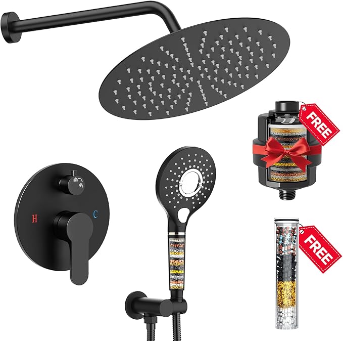SunCleanse Shower System - 12 Inch Dual Filtered Rainfall Shower Head Combo - High Pressure 3 Spray Mode Showerhead-Included Rough in Valve and Trim Kit - Matte Black