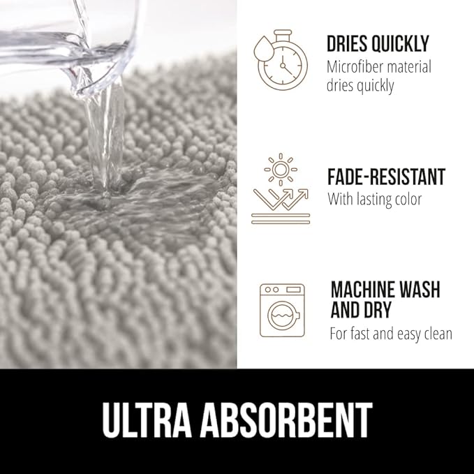 GORILLA GRIP Bath Rug Mat, Soft Absorbent Chenille, Quick Dry Microfiber Mats, Rubber Backing Washable Shower Floor Rugs, Bathmat Runner, US Designed Bathroom Home Decor Accessories 24x17 Light Gray