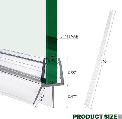 Shower Glass Door Bottom Seal, 2PCS 36 Inch Ultra Clear PVC Seal Strip with Sweep for 1/4"(6mm) Thick Frameless Glass Door, to Stop Water Leakage