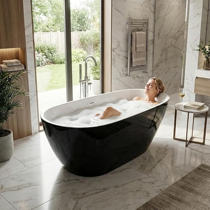 59" Freestanding Acrylic Bathtub, Deep Soaking Tub with Non-Slip Base & Chrome Drain, cUPC Certified, Black Pearl