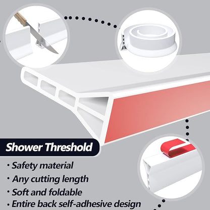 3" High Shower Threshold Water Dam 67 IN Collapsible Shower Water Splash Guard for Curbless Shower Threshold Barrier Water Stopper for Wet and Dry Separation Bathroom and Kitchen (White)
