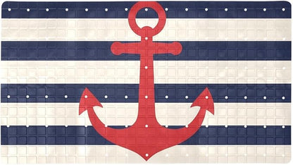 Bathtub Mats for Shower Tub, Anti-Slip Bath Mats for Inside Tub, Bathroom Shower Mats with Drain Holes and Suction Cups (Red Anchor on Navy Blue Stripes Background)