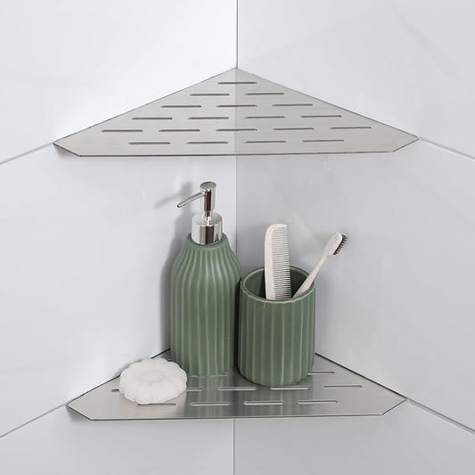 Recessed Corner Shower Shelf, 10" SUS304 Stainless Steel, Heavy Duty Shower Shelf, Grout in Bathroom Shelves for Tile Walls (2 Pack, Rectangle-Brushed)