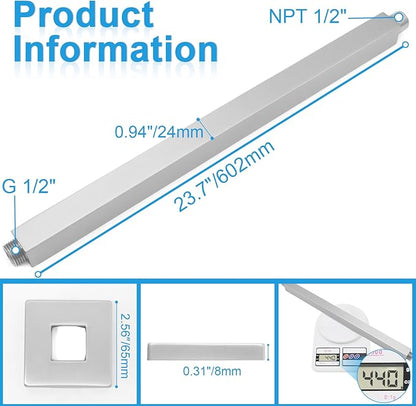 Shower Arm with Flange 24 Inches Ceiling Mount Square Straight Extender Extension Pipe Replacement, Extra Long Shower Arm For Fixed Rain Shower Head or High Ceiling, Brushed Nickel