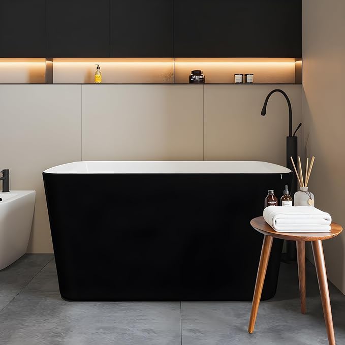 49" Freestanding Bathtub, Acrylic Sit-In Soaking Tub with Chrome Drain & Overflow, Glossy White Modern Design, Compact Space-Saving Bath for Bathrooms