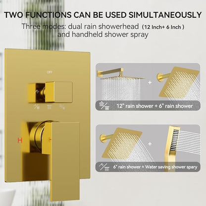 Shower Faucet Set Brushed Gold Shower System, STARBATH 12+6" Dual Rain Shower Head with Handheld Spray for Two People,Wall Mount Rainfall 3 Way Shower Valve with 5 Diverter and Trim Kit Complete