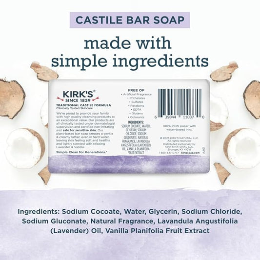 Kirk's Castile Bar Soap for Men, Women & Children - Made with Premium Coconut Oil, Sensitive Skin Formula, Vegan, Non GMO, Lavender & Vanilla, 4 oz. Bars 6 Pack
