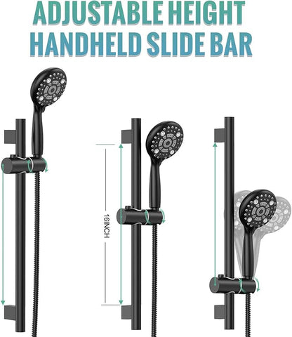 SR SUN RISE 12 Inch Slide Bar Shower System, Round Shower Faucets Sets Complete Rain Shower head and 6-Spray Handheld Combo, Wall Mounted Dual Shower Faucet Included Valve and Trim Kit, Matte Black