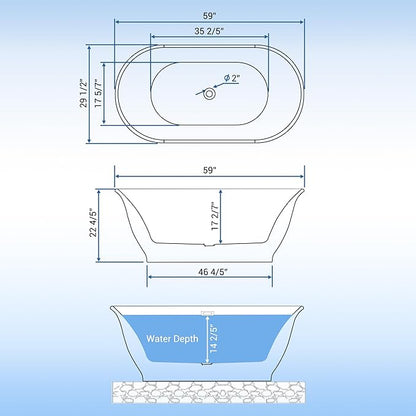59 Inch Acrylic Freestanding Bathtub, Bathtub with Matte Drain and Overflow, Modern Square Tub, Deep Ergonomic Design, cUPC Certified, Double-Walled Insulation, Easy Install and Safe Use, White