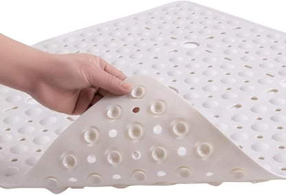 ENKOSI Square Shower Mat 27x27 inch - Anti Slip Bathroom Shower Stall Mats for Smooth Shower Floors - Square Bath Mat with Strong Secure Suction Cups and Drain Holes in Middle (Pearl White 27x27)